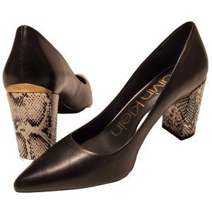 Calvin Klein Black Pumps with Black & White Snake Print Heels & Gold Trim Sz 7